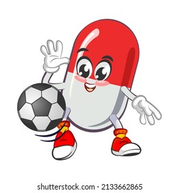 ilustración vectorial de la mascota linda de la cápsula jugando fútbol sobre fondo blanco