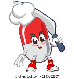 vector illustration of cute capsule mascot being chef and holding big knife on white background
