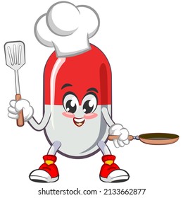 vector illustration of cute capsule mascot being chef with spatula and frying pan on white background
