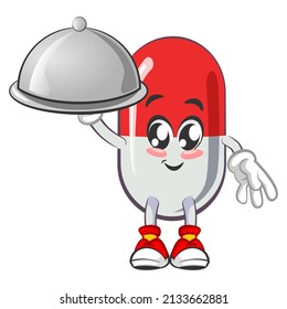 vector illustration of cute capsule mascot serving meal on white background