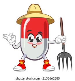 vector illustration of cute capsule mascot being farmer on white background