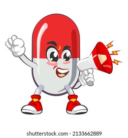 vector illustration of cute capsule mascot with loud speaker on white background