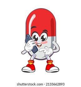 vector illustration of cute capsule mascot on phone on white background