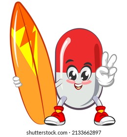 ilustración vectorial de la mascota linda de la cápsula con tabla de surf sobre fondo blanco
