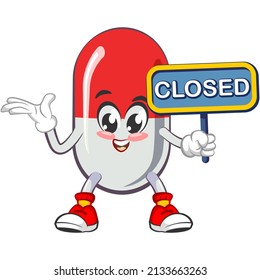 vector illustration of cute capsule mascot with sign board says closed on white background