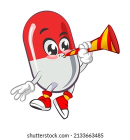 vector illustration of cute capsule mascot blowing party trumpet on white background