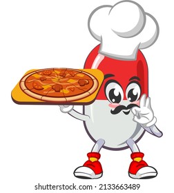 Vektorgrafik süßer Kapselmaskotte als Chefkoch, der Pizza auf weißem Hintergrund serviert