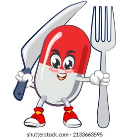 vector illustration of cute capsule mascot with fork and knife on white background