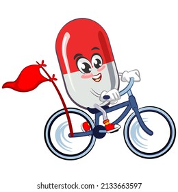 vector illustration of cute capsule mascot ride bicycle on white background