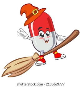 vector illustration of cute capsule mascot being witch flying with broom on white background