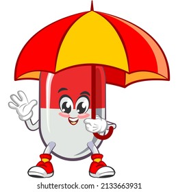 vector illustration of cute capsule mascot with umbrella on white background