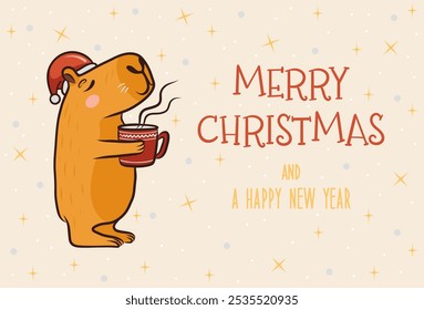 Vector illustration with cute capybara and cup of tea. Merry Christmas and Happy New Year greeting card.