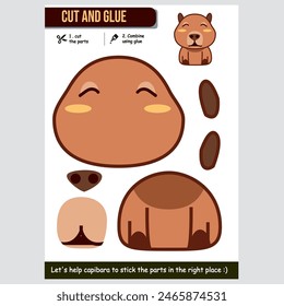 Vector illustration of a cute capybara for kids educational cut and glue paper game