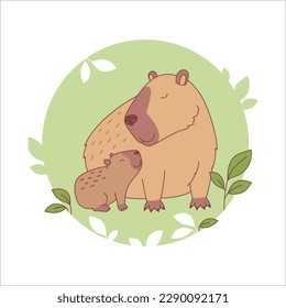 Vector illustration of cute capybara mom and baby characters. Isolated on white background. Mother's day print.