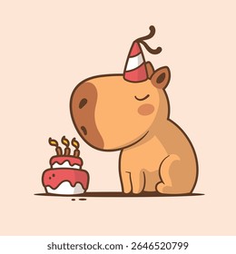 Ilustração vetorial de uma capivara fofa em um chapéu de festa sentado em frente a um bolo de aniversário com velas isoladas no branco no estilo de desenho animado.