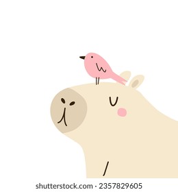 Ilustración vectorial con un bonito capibara y un pájaro rosado sentado en la cabeza. Diseño gráfico para impresiones, prendas de vestir, tarjetas de felicitación