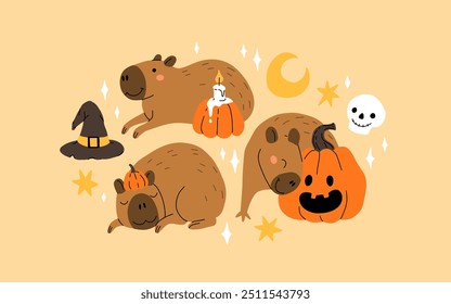 Ilustração vetorial com capivara bonito em um chapéu de abóbora, com jack o lanterna, capivara deitada com abóbora e vela, lua crescente e estrelas. Encantadora imagem acolhedora de halloween capybara.