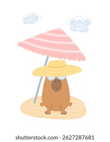 Vector illustration of a cute capybara relaxing on the beach under a colorful umbrella, wearing stylish sunglasses.  Fun, summer-themed design in a cartoon style. 