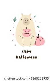 Vector illustration of a cute capybara sitting in a pumpkin and text CAPY AUTUMN. Seasonal greeting card