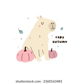 Vector illustration of a cute capybara sitting with pumpkins and text CAPY AUTUMN. Seasonal greeting card