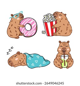 vector illustration of cute capybaras with popcorn, donut, sleeping drinking juice and white background