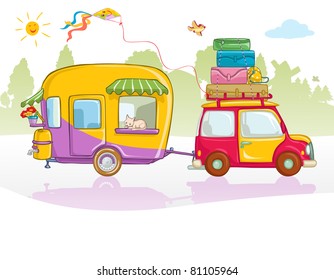 Vector illustration, cute car with caravan, card concept.