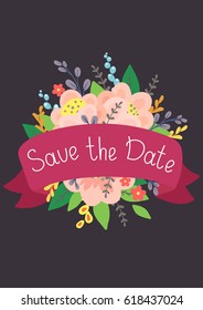 Vector illustration cute card with flowers and hand-written lettering "Save the Date". Design for poster or banner. Floral wedding invites.