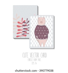 Vector illustration. Cute card with leafy background. Cartoon image of a nice bear. Forest Fairy Tale. It can be used as a business card, banner, invitation, design element