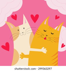 Vector illustration. Cute card with two funny cats in love