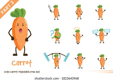 Vector illustration of cute carrot vegetable poses set. Isolated on white background.