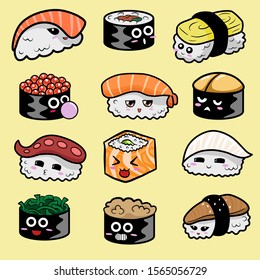 Vector illustration of cute cartoon about sushi with face on yellow background.