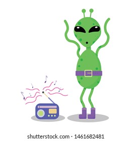 Vector illustration. Cute  cartoon alien, which is dancing. White background. 