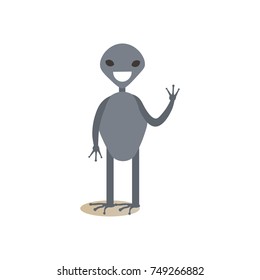 Vector illustration of cute cartoon alien waving. Greeting or sign of departure. Flat style design element, icon isolated on white background.