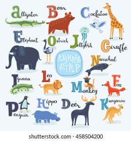 Vector illustration of cute cartoon alphabet smiling animals from A to H with english names