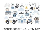 Vector illustration cute cartoon animals police officers. Police car, helicopter. Animals in police uniform. Bear, elephant, lion, koala, bunny, cat. Cute emergency vehicle. Professions. Police dept.