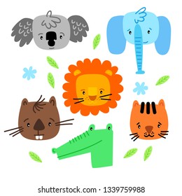 Vector illustration of cute cartoon animals. Set including koala, crocodile, tiger, wombat, elephant and lion.