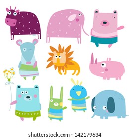 Vector illustration of cute cartoon animals . Cow , bear, bird , bunny , elephant, lion, mouse, rhino