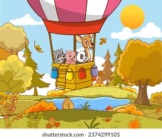 ilustración vectorial de un lindo dibujo animado de animales que viajan en globo aerostático