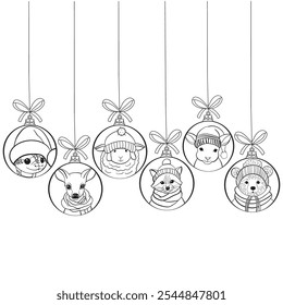 vector illustration of cute cartoon animals, christmas and new year.