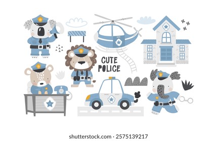 Vector illustration cute cartoon animals police officers. Police car, helicopter. Animals in police uniform. Bear, elephant, lion, koala. Cute emergency vehicle. Professions for children. Police dept.