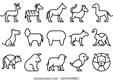 Vector illustration of cute cartoon animals in simple line art styles for education or design