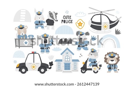 Vector illustration cute cartoon animals police officers. Police car, helicopter. Animals in police uniform. Bear, elephant, lion, koala, bunny, cat. Cute emergency vehicle. Professions. Police dept.