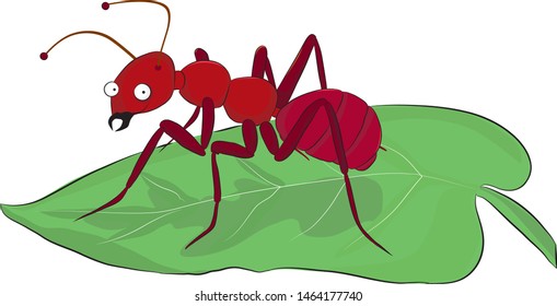 Vector illustration of a cute cartoon ant sitting on a leaf