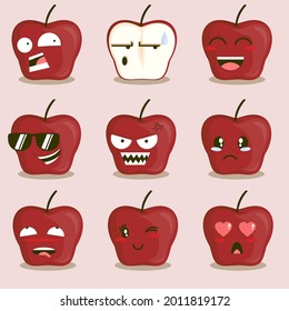 vector illustration of cute cartoon apple fruit with emotional expression