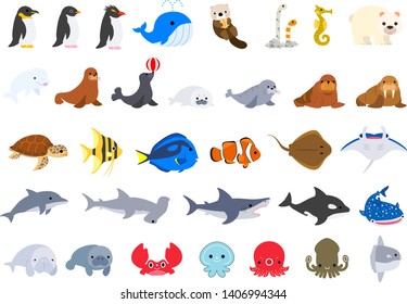 Vector illustration of cute cartoon aquarium icon set