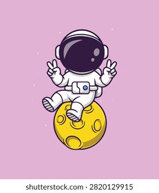 A vector illustration of a cute cartoon astronaut sitting on a yellow cratered moon astronaut, moon, space, cartoon, cute, illustration, yellow, purple, stars, cosmic, galaxy, whimsical, playful, expl