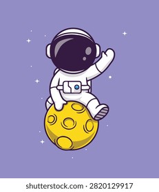 A vector illustration of a cute cartoon astronaut sitting on a yellow cratered moon astronaut, moon, space, cartoon, cute, illustration, yellow, purple, stars, cosmic, galaxy, whimsical, playful, expl