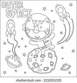 Vector illustration of cute cartoon astronauts little tiger in space, Childish design for kids activity colouring book or page.