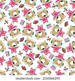 Vector illustration of cute cartoon astronauts little bear in space, Can be used for t-shirt print, Creative vector childish background for fabric textile, nursery wallpaper and other decoration.