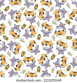 Vector illustration of cute cartoon astronauts little tiger in space, Can be used for t-shirt print, Creative vector childish background for fabric textile, nursery wallpaper and other decoration.